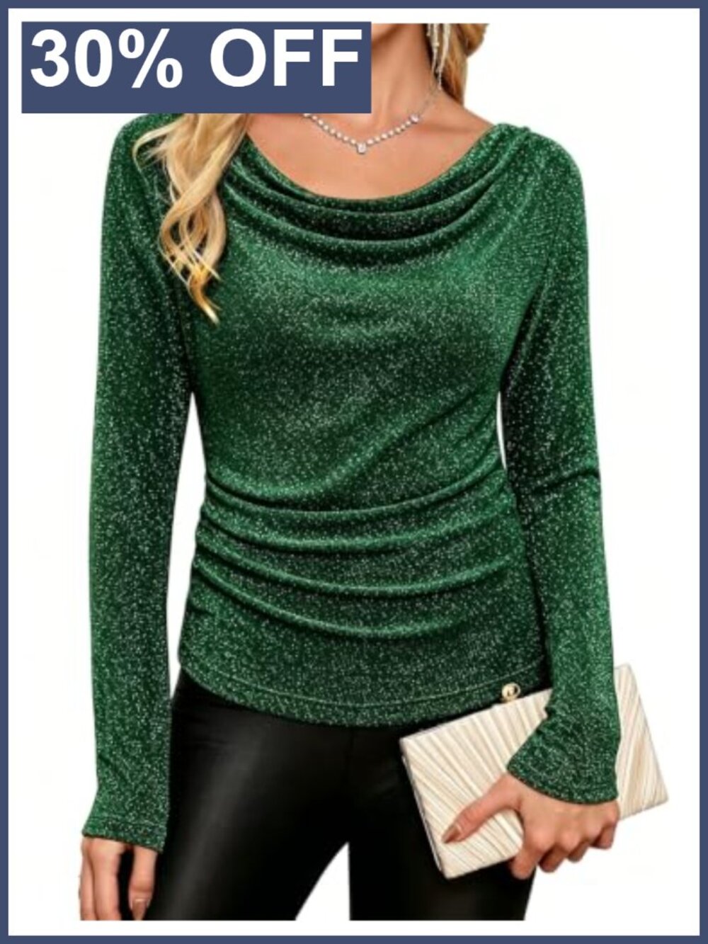 Women Sparkly Cowl Neck Long Sleeve Glitter Party Top Going Out Blouse
